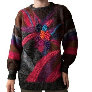 Vintage 1980s Womens Oversized Fluffy Floral Hippy Crew Neck Sweater Sz L